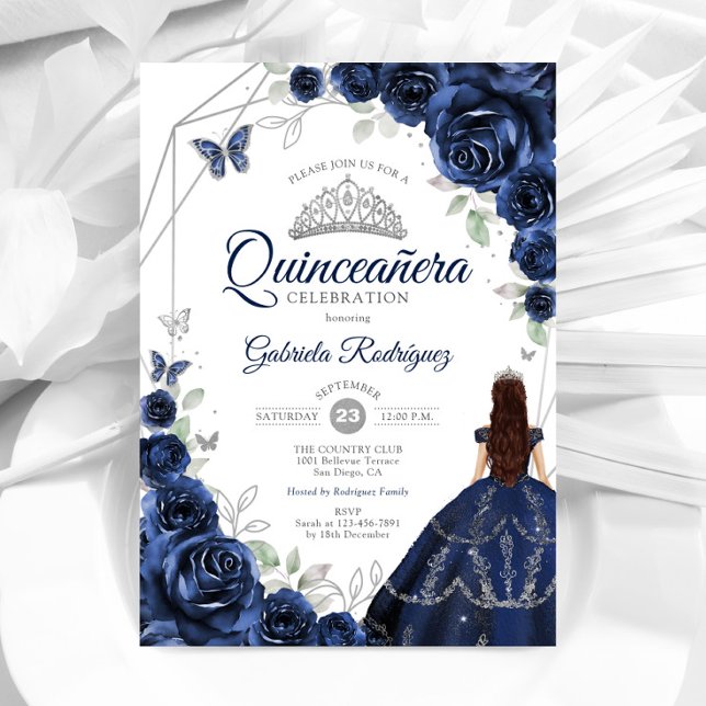 Quinceanera Navy Blue Silver Floral Dress Invitation (Creator Uploaded)