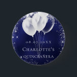 Quinceanera navy blue silver glitter balloons name 6 cm round badge<br><div class="desc">For a Quinceañera,  15 th birthday. Navy blue backround,  the blue color is uneven. Decorated with faux silver glitter,  sparkles and white balloons.  Personalize and add a name.  White letters. Can be used as a name tag for your guests,  party favor or Save the Date reminder for your guests.</div>