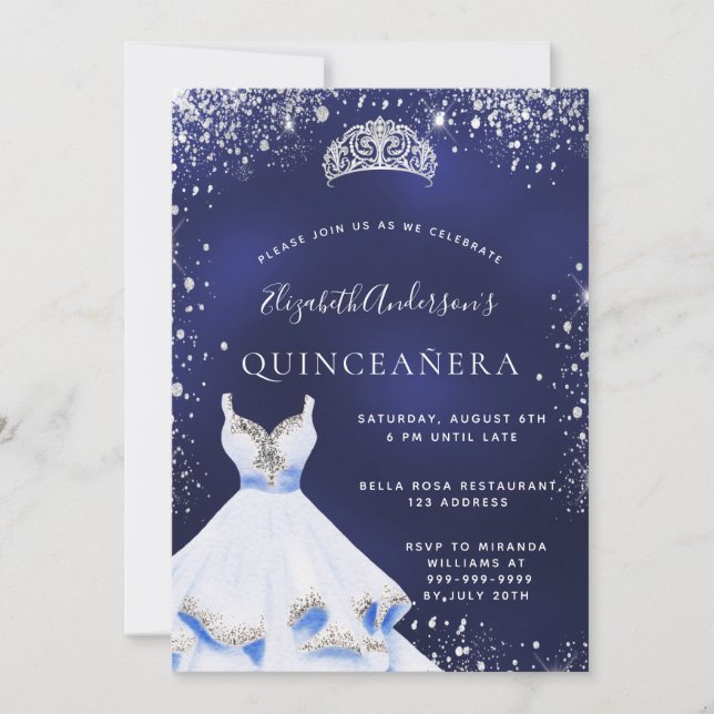 Quinceanera navy blue silver glitter dress tiara invitation (Front)