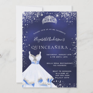 Quinceanera navy blue silver glitter dress tiara invitation
