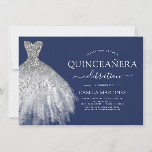 Quinceanera Navy Blue Silver Glitter Sparkle Invitation