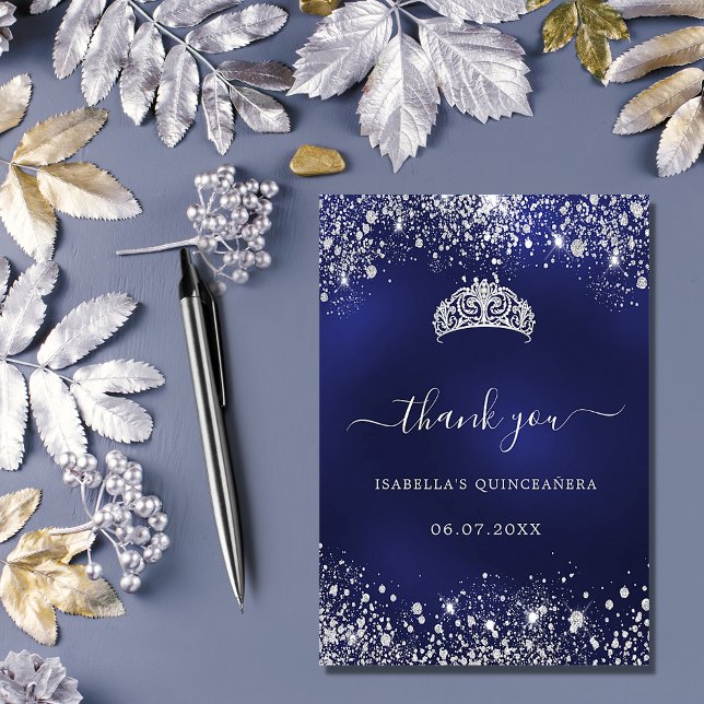 Quinceanera navy blue silver glitter tiara thank you card (Creator Uploaded)