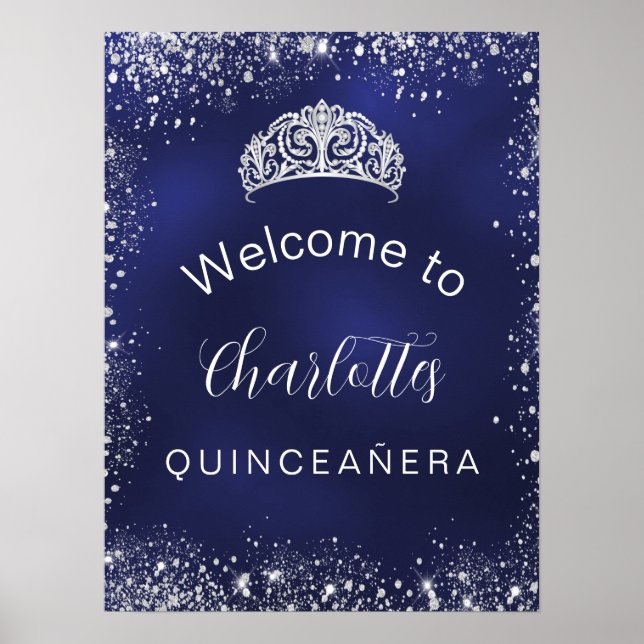 Quinceanera navy blue silver glitter welcome poster (Front)