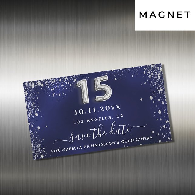 Quinceanera navy blue silver save the date magnet (Creator Uploaded)
