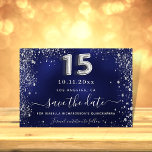 Quinceanera navy blue silver sparkles save the date<br><div class="desc">A trendy Save the Date for a Quinceañera, 15th birthday party. A navy blue background decorated with faux silver glitter, sparkles. The blue color is uneven. Personalize and add a date and name/age. The text: Save the Date is written with a large trendy hand lettered style script. Number 15 with...</div>