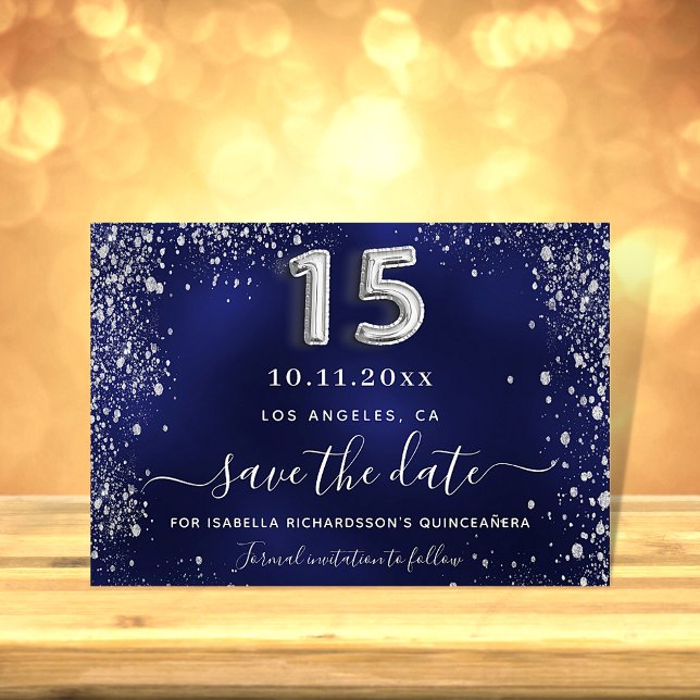 Quinceanera navy blue silver sparkles save the date (Creator Uploaded)