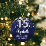 Quinceanera navy blue silver stars ceramic tree decoration<br><div class="desc">A navy blue background colour with faux silver stars. The blue colour is uneven.  Add your s,  text/date</div>