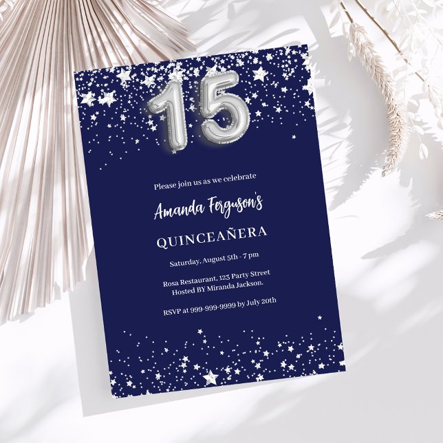 Quinceanera navy blue silver stars luxury invitation (Creator Uploaded)