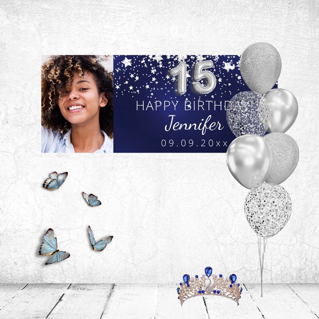 Quinceanera navy blue silver stars photo party banner (Creator Uploaded)