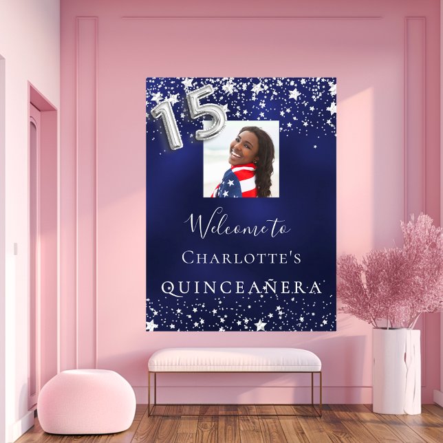 Quinceanera navy blue silver stars photo welcome poster (Creator Uploaded)