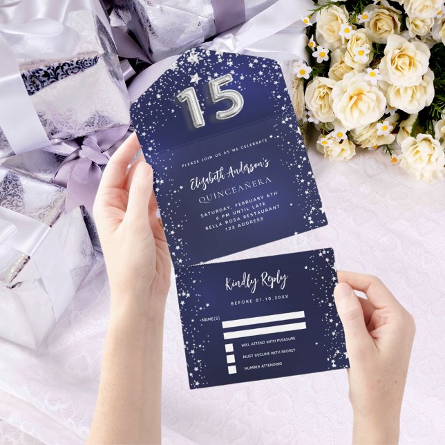 Quinceanera navy blue silver stars rsvp all in one invitation (Creator Uploaded)
