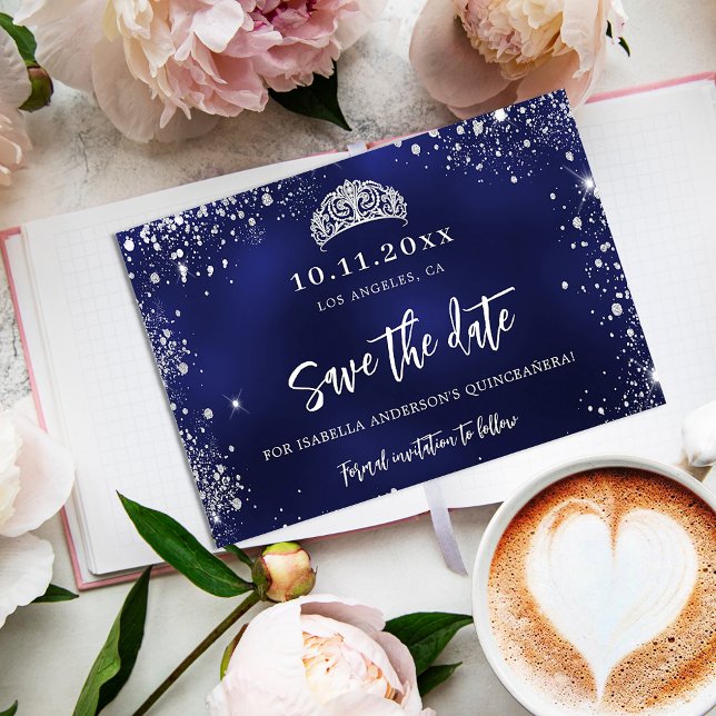 Quinceanera navy blue silver tiara glamourous save the date (Creator Uploaded)
