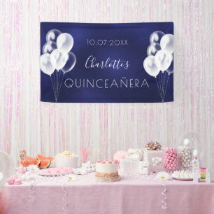 Quinceanera navy blue white balloons party  banner