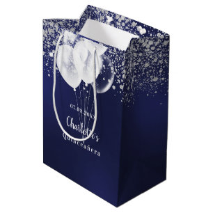 Quinceanera navy blue white glitter balloons medium gift bag