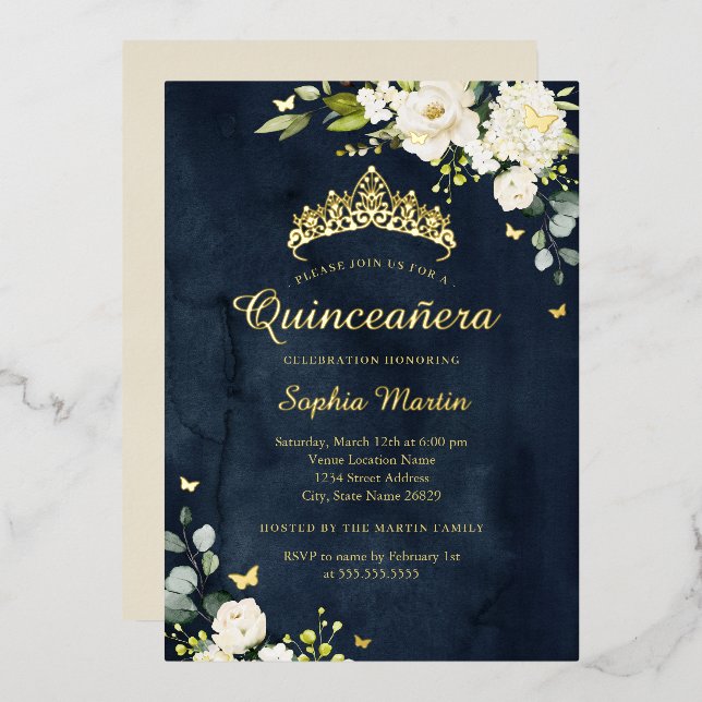 Quinceanera Navy Champagne Floral Gold  (Front/Back)