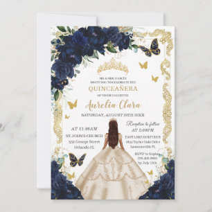 Quinceañera Navy Floral Champagne Gold Princess Invitation