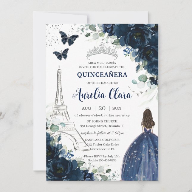 Quinceañera Navy Floral Paris Eiffel Princess Gown Invitation (Front)
