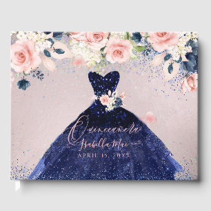 Quinceanera Navy Glitter Gown Blush Roses Guest Book