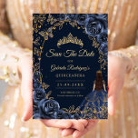 Quinceanera Navy Gold Butterflies Roses Save The Date<br><div class="desc">Navy and gold Quinceanera celebration save the date card. Features brunette girl in ball gown dress,  silver butterflies,  watercolor roses tiara and script font. Perfect for an elegant princess style glam celebration. Personalize with your own details. Printed Zazzle cards or instant download digital printable template.</div>