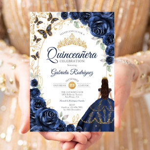 Quinceanera Navy Gold Floral Invitation