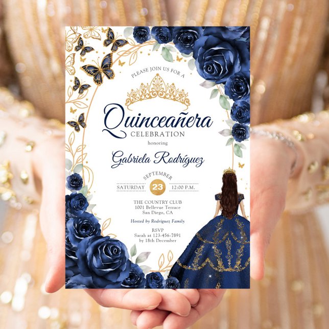 Quinceanera Navy Gold Floral Invitation (Creator Uploaded)