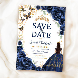 Quinceanera Navy Gold Floral Save The Date