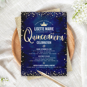 Quinceañera Navy Gold Foil Glitter Princess Crown Invitation