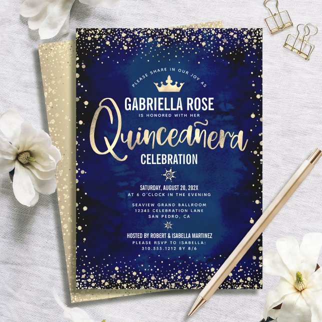 Quinceañera Navy Gold Glitter Foil Princess Crown Invitation (Creator Uploaded)