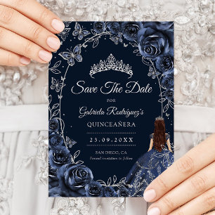 Quinceanera Navy Silver Butterflies Roses Save The Date