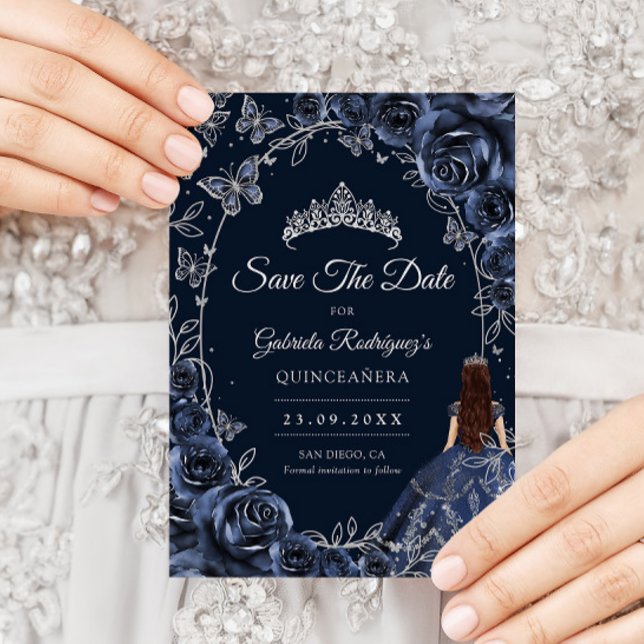 Quinceanera Navy Silver Butterflies Roses Save The Date (Creator Uploaded)