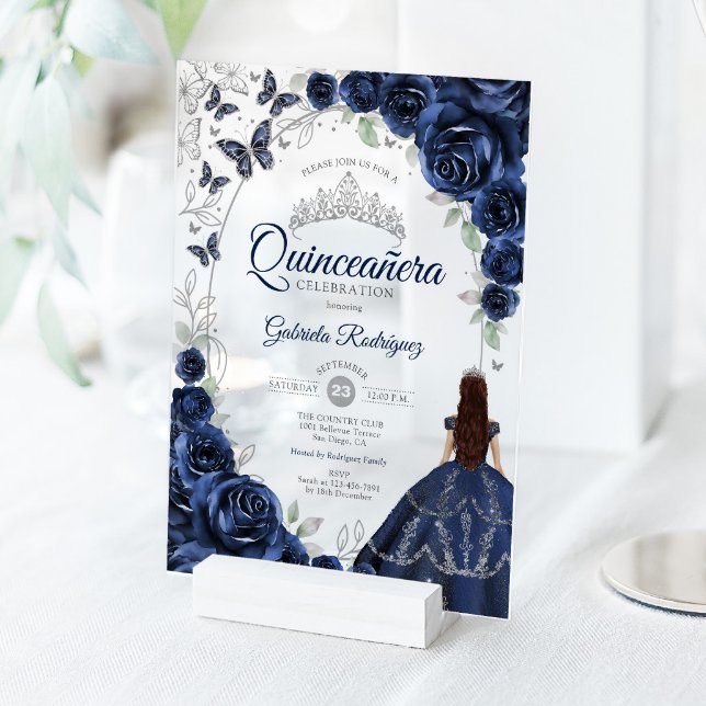 Quinceanera Navy Silver Floral Acrylic Invitations (Creator Uploaded)