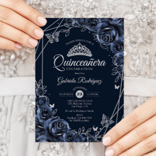 Quinceanera Navy Silver Floral Invitation