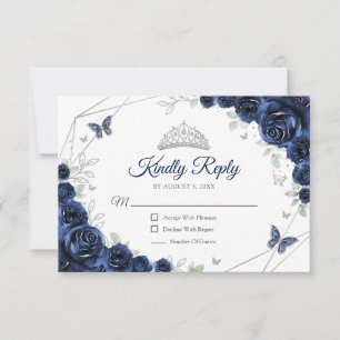 Quinceanera Navy Silver Floral Reply RSVP Card