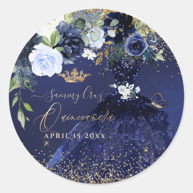Quinceanera Navy Watercolor Dress Gold Glitter Classic Round Sticker (Front)
