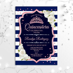 Quinceanera - Navy White Rose Gold Invitation