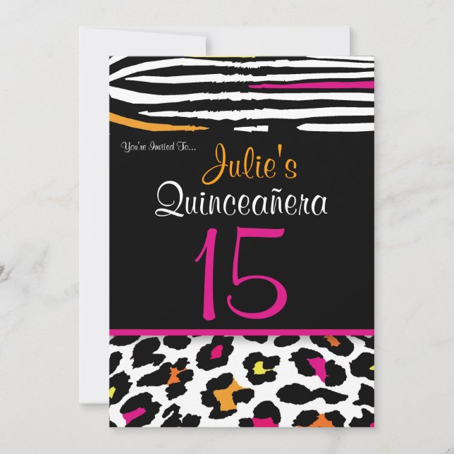 Quinceañera Neon Zebra Animal Print Invitation (Front)