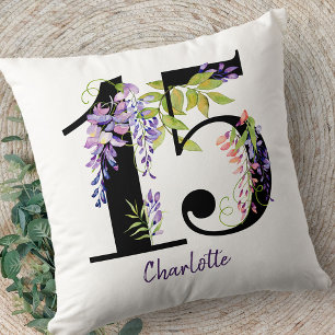 Quinceanera Number 15 Purple Wisteria Flowers Cushion