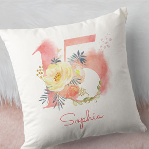 Quinceanera Number 15 Watercolor Mist Floral Cushion