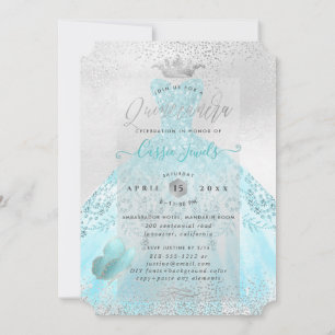 Quinceanera Ombre Blue Butterflies Princess Gown Invitation