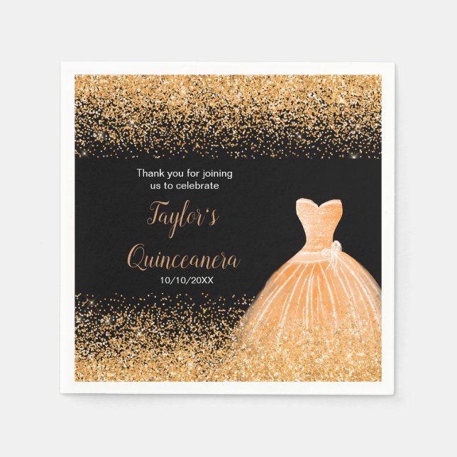 Quinceanera Orange Faux Glitter Napkin (Front)