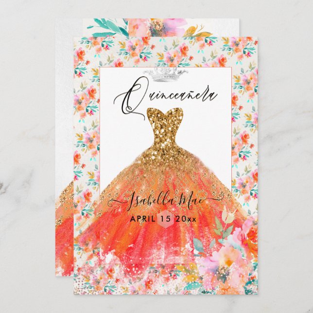 Quinceanera Orange Sparkle Gown Watercolor Flowers Invitation (Front/Back)