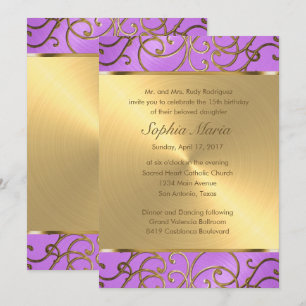 Quinceanera Orchid Purple and Gold Filigree Swirls Invitation