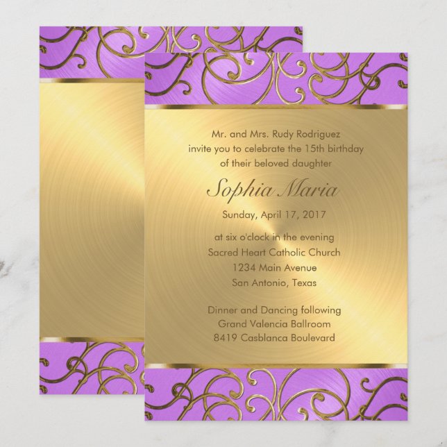 Quinceanera Orchid Purple and Gold Filigree Swirls Invitation (Front/Back)