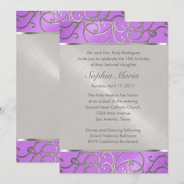 Quinceanera Orchid Purple Silver Filigree Swirls Invitation (Front/Back)