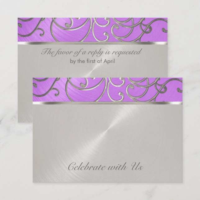 Quinceanera Orchid Purple Silver Filigree Swirls Invitation (Front/Back)