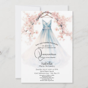 Quinceañera Pale Blue Gown Pink Blossoms Invitation