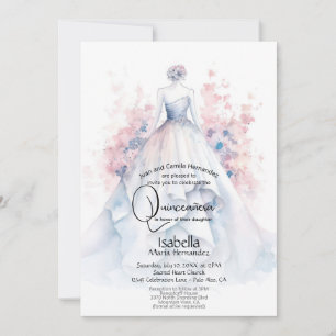 Quinceañera Pale Blue Gown Pink Flowers Invitation