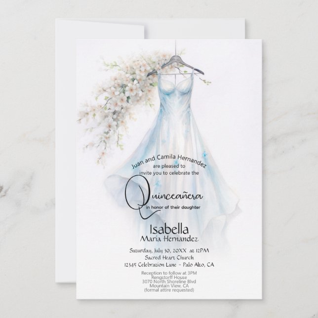 Quinceañera | Pale Blue Gown White Blossoms Invitation (Front)