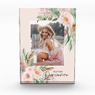 Quinceañera pale pink girly floral photo birthday block