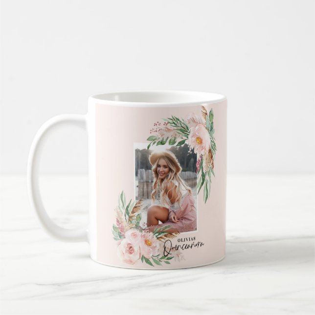 Quinceañera pale pink girly floral photo birthday coffee mug (Left)